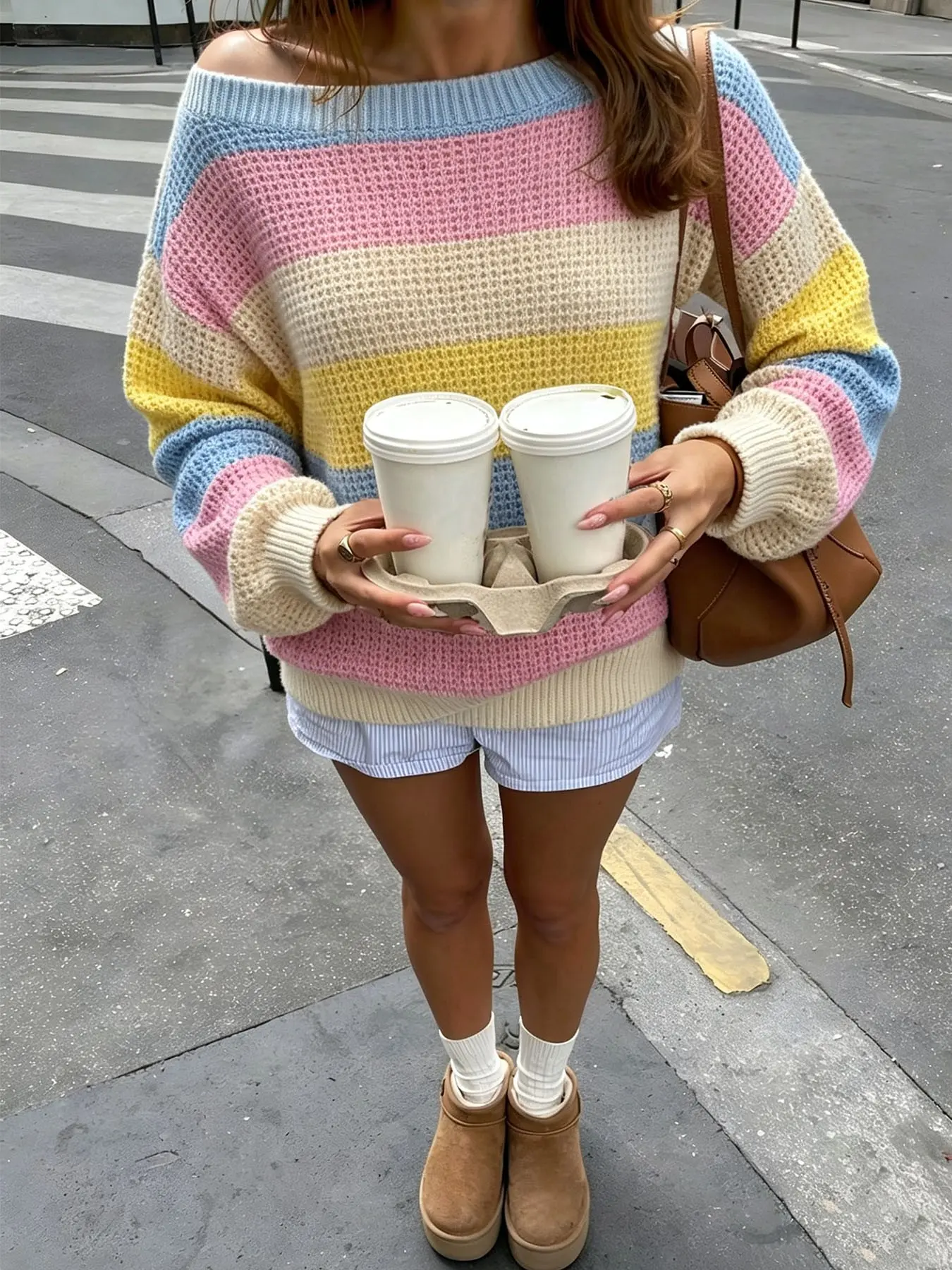 Women's Elegant Casual Rainbow Striped One-Shoulder Knit Sweater, Loose Lantern Long Sleeve Lazy Pullover, Fall Winter Daily Street Vacation Wear