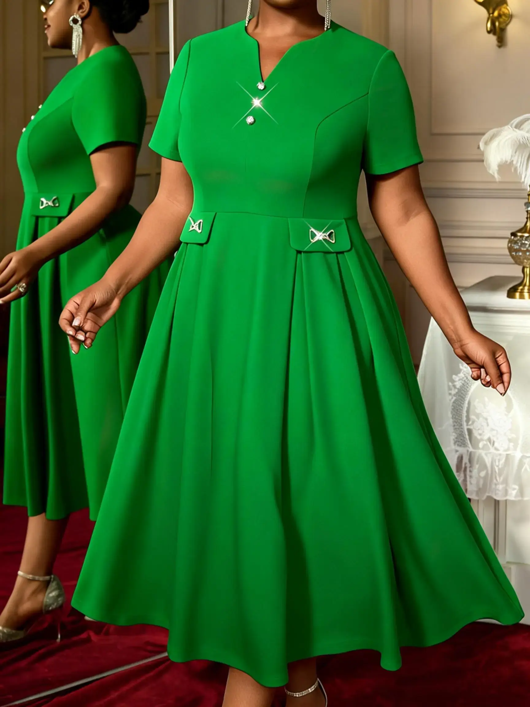 Large-sized women's chic feminine dress with elegant diamond embellishments, small V-neck, short sleeves, A-line, simple and elegant for parties, banquets and formal wear. Dresses Piece