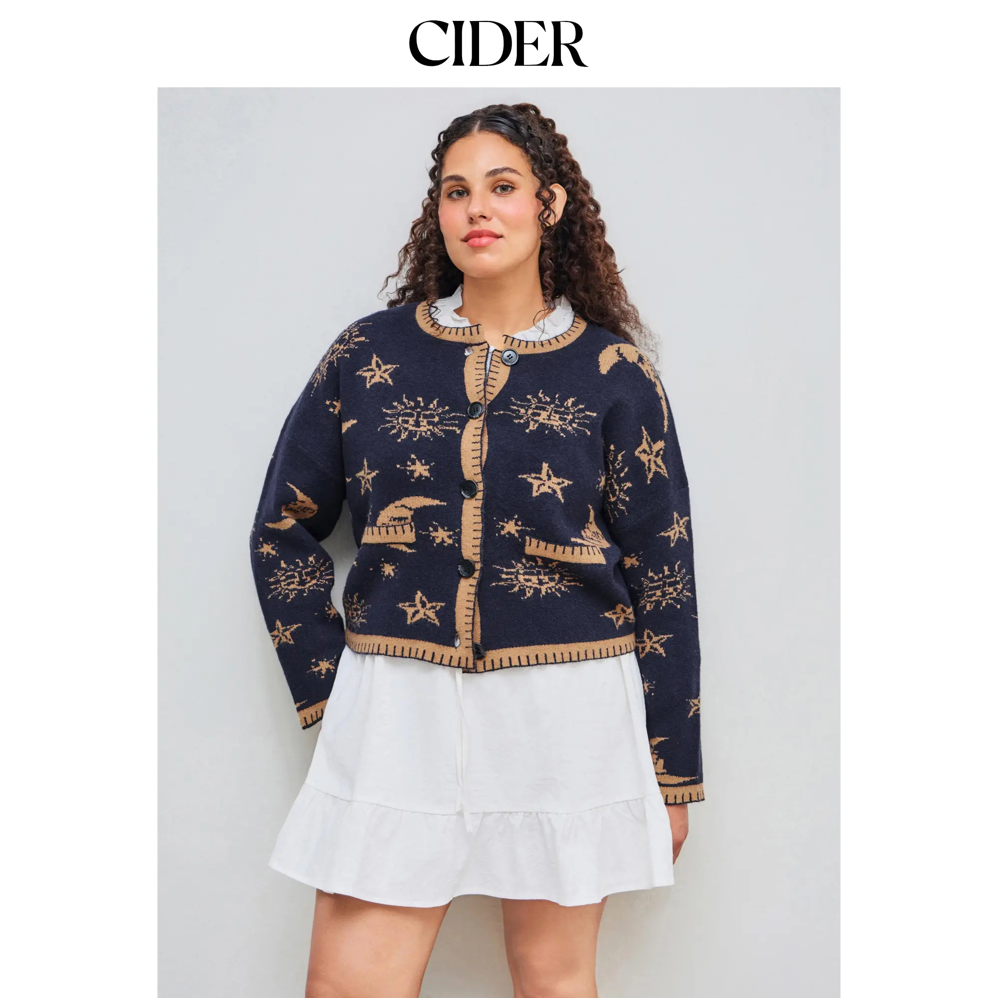 Cider [size 12/14-26] Knit Round Neckline Star Sun Moon Contrasting Binding Long Sleeve Cardigan SummerFinds