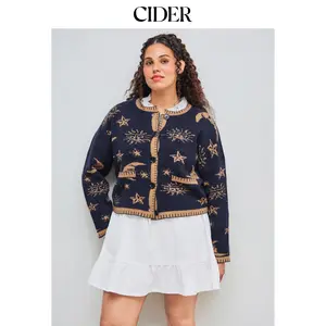 Cider [size 12/14-26] Knit Round Neckline Star Sun Moon Contrasting Binding Long Sleeve Cardigan Curve & Plus SummerFinds