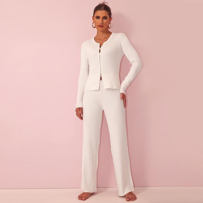 Joyfunear Women's Casual Solid Color Ribbed Knit Zip-Up Cardigan & Wide-Leg Pants Set - Adjustable Fit, Long Sleeves, Loungewear