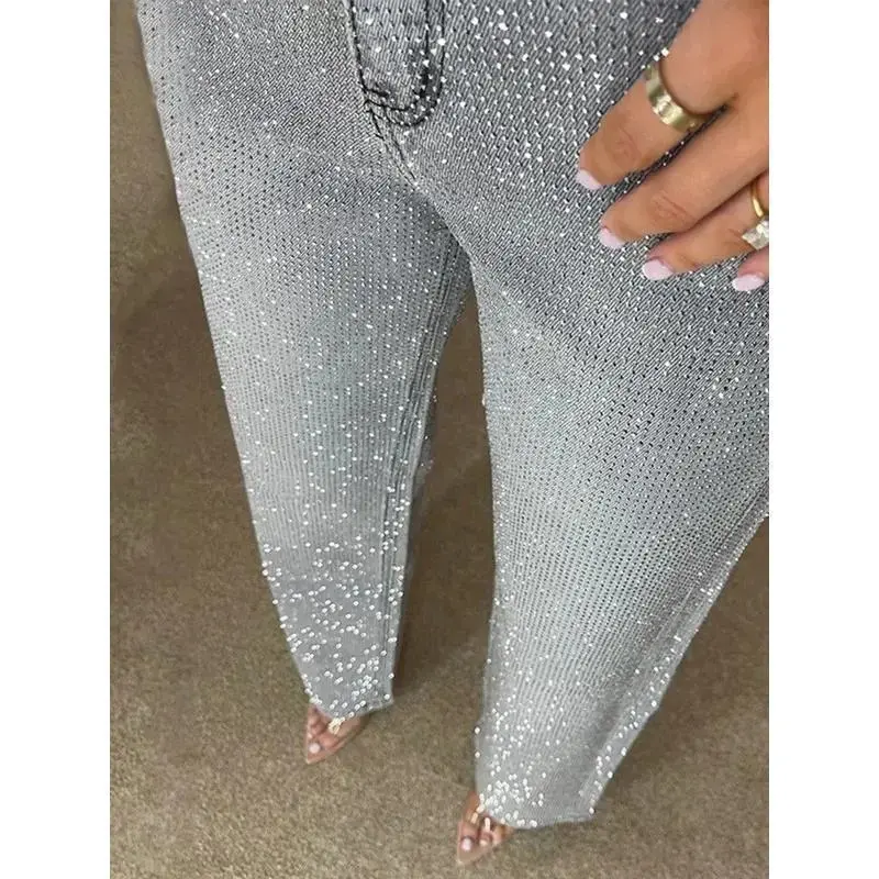 Y2k Women Shiny Rhinestone Denim Pants Wide Leg Straight Full Diamond Jeans for Female Dragging High Street Outwear Trousers