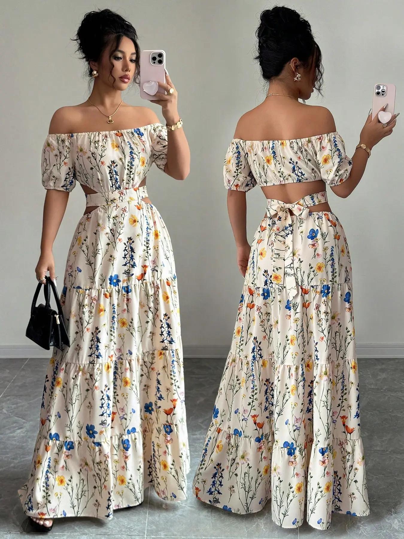 Women's Floral Print Off-Shoulder Maxi Dress, Bubble Sleeves & Waist Slit Design, Perfect Summer for Vacation Parties, Bohemian Style, Boho, Casual Wear Tie Front Comfortable Fit Blazer Midi Skirt Breathable Women's Floral Print Off-Shoulder Maxi Dress, Bubble Sleeves & Waist Slit Design, Perfect Summer for Vacation Parties, Bohemian Style, Boho, Casual Wear Tie Front Comfortable Fit Blazer Midi Skirt Breathable