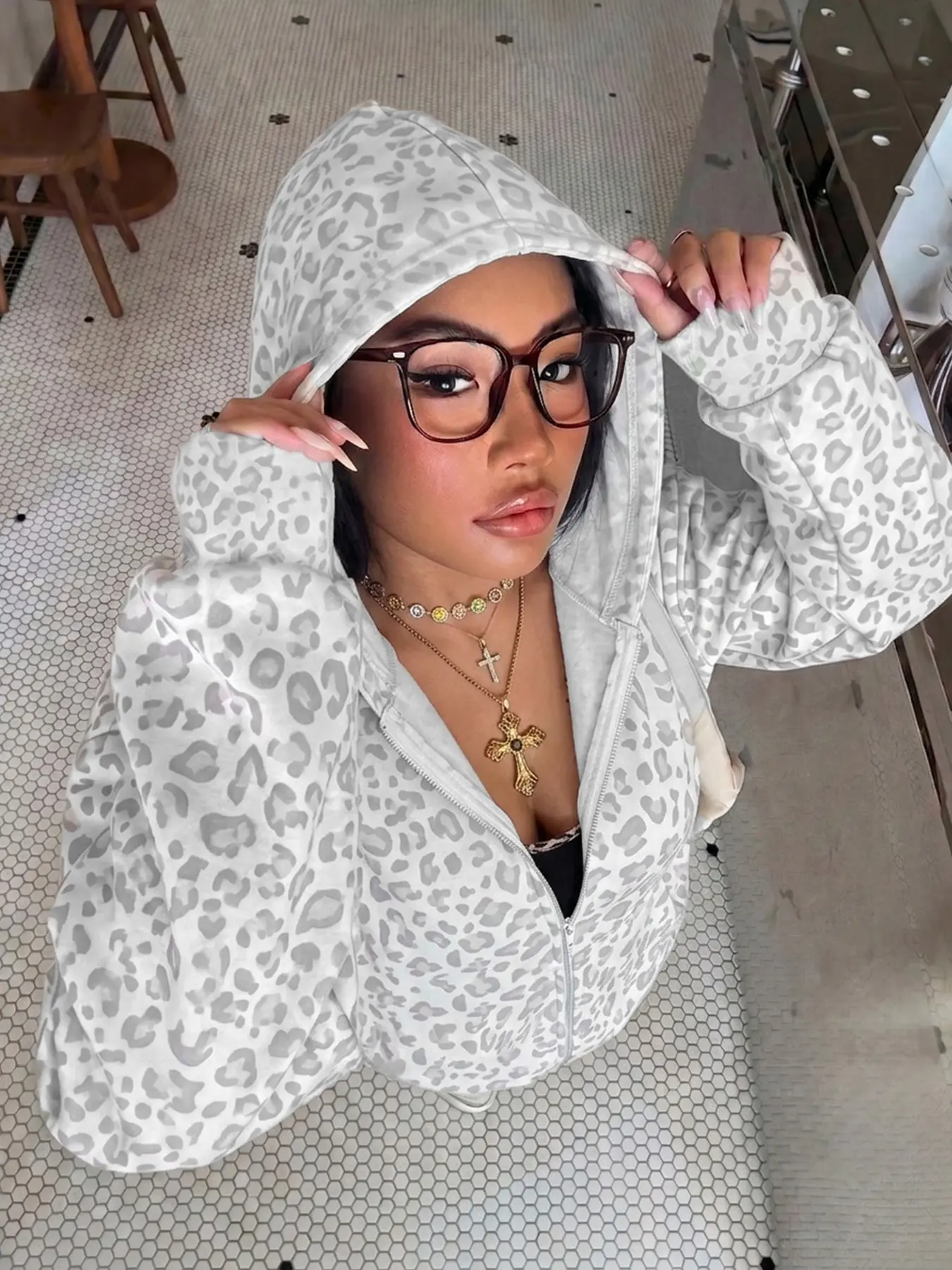 Women's Leopard Print Hooded Fleece Zipper Sweatshirt, Long Sleeves, Trendy Street Style, Casual Home Wear, Slim Fit, Fall & Winter Essential