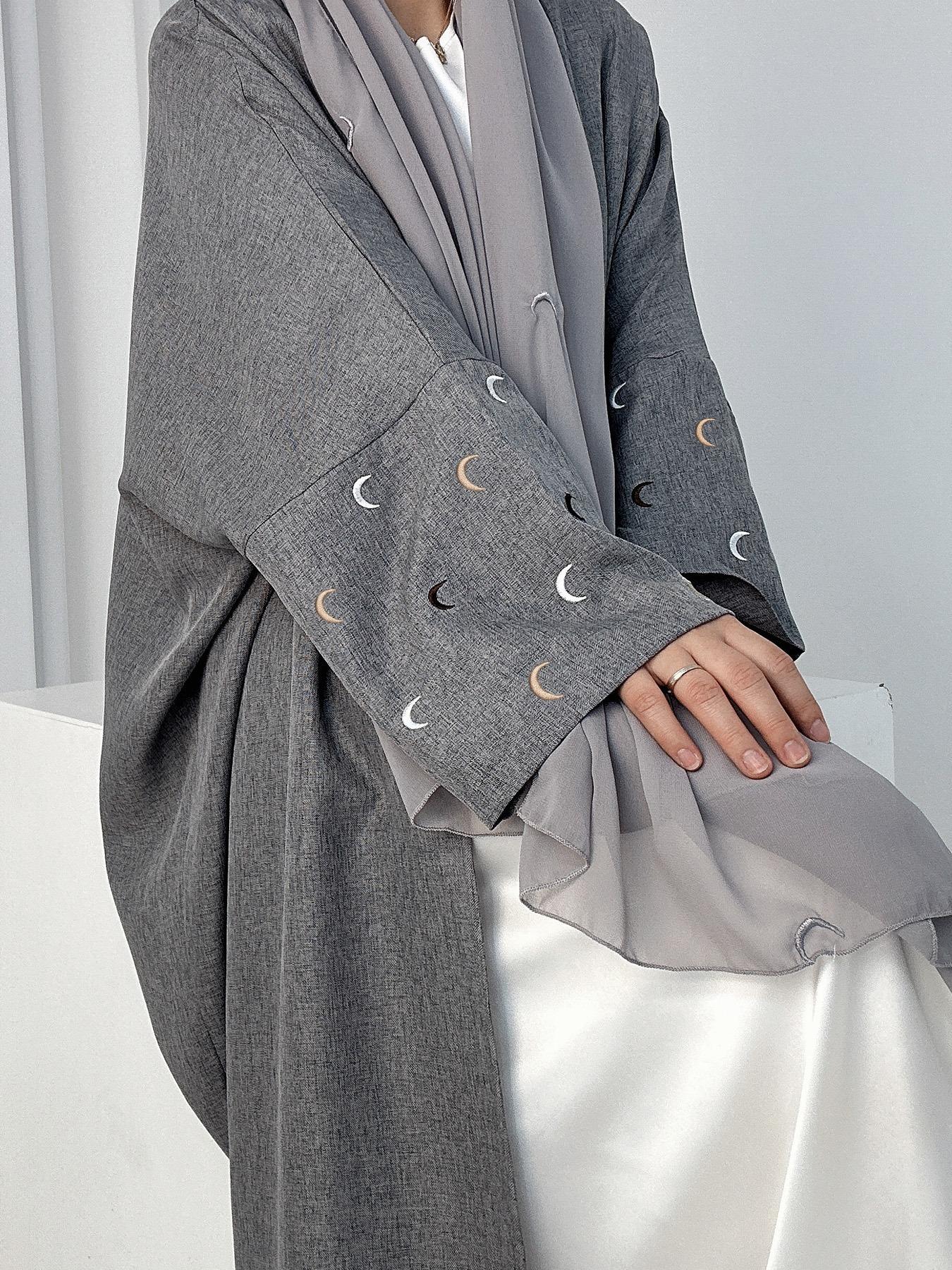 Arabic Clothing- Women's Moon Embroidery Abaya without Hijabs, Summer Outfits 2024, Modest Casual Long Sleeve Open Front Muslim Abaya, Islamic Clothing