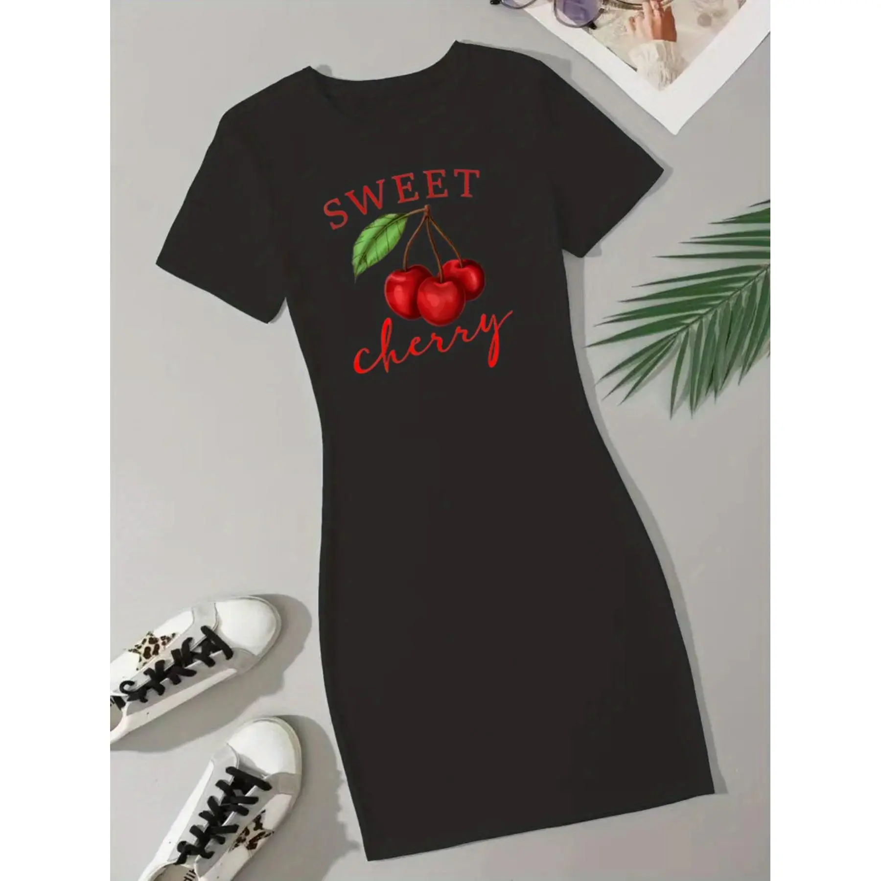 Stylish Black Dress for Mother'S Day Featuring a Cherry Print - Charming Cherry Design with Red Text, Stretchy Fabric, Machine Washable, Casual Round Neck Short Sleeves, Part of The Spring-Summer Collection, Includes Pockets
