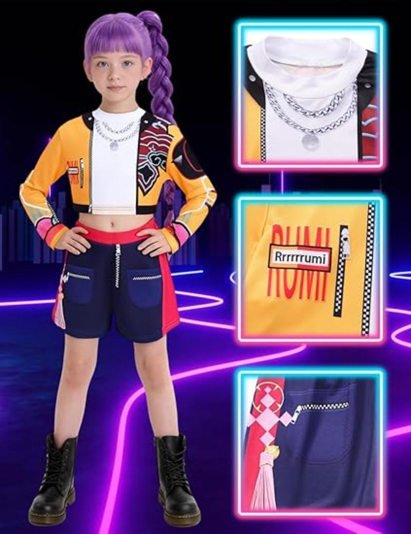 Viral Kpop Demon Hunters Costume for Girls | 3-Piece Dance Set for Halloween, Music Festival & Stage Performance | Trendy Kpop Concert Outfit