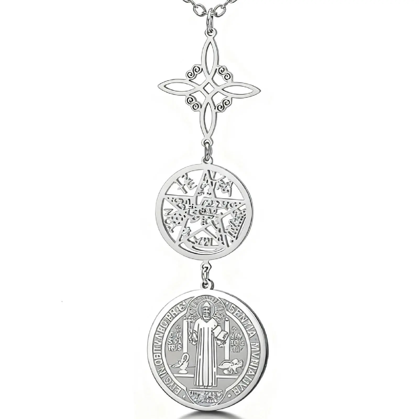 Witch Knot Tetragrammaton St. Benedict Pendant Triple Protection Necklace Women Amulet Stainless Steel Jewelry Gift