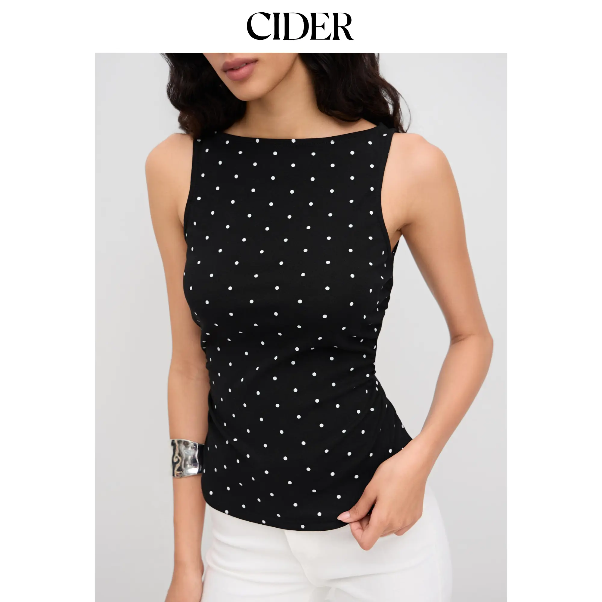 Cider Cotton-blend Boat Neck Knotted Polka Dot Ruched Tank Top