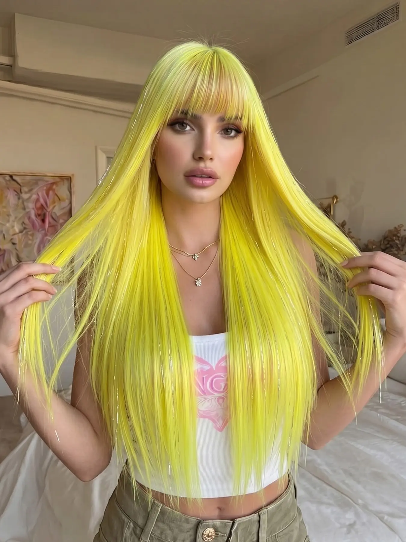 Halloween Wig Yellow Wig with Sequin Hair, Long Straight Synthetic Wig with Bangs , Heat-Resistant Fiber Costume Glitter Wig Accessories for Women Cosplay Wear, Carnival Party Use 28 Inch Party Wigs