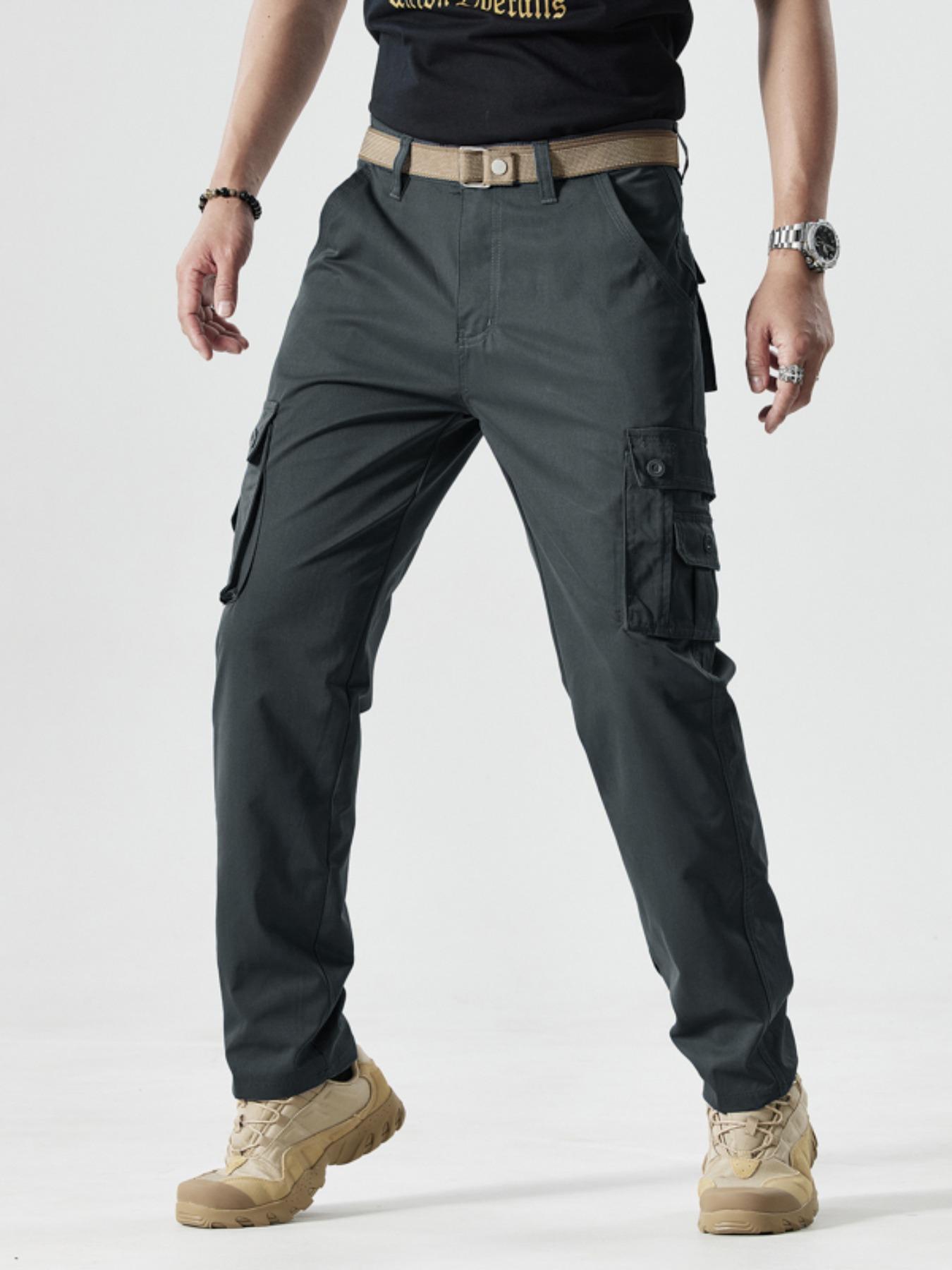 Men's Solid Color Patched Zipper Fly Cargo Pants, Regular Fit Casual Button Multi-pocket Straight Leg Trousers for Wear, Trendy Style Pants for Men, Menswear, Casual Streetwear Trousers, Casual Fit Bottoms, Casual Minimalist Trousers, Casual Slant Pocket