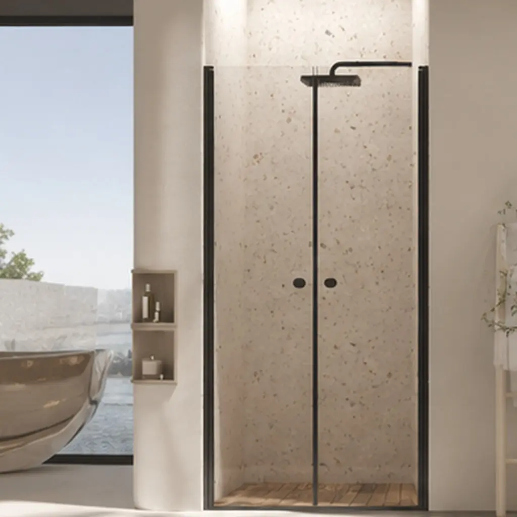 ARCH Frameless Pivot Shower Door 34" x 72" Clear Tempered Glass with Explosion-Proof Film, Reversible Installation, Brushed Nickel Finish, Modern Swing Glass Shower Door for Bathroom, Matte Black Hardware, Bathroom Shower Door for Bathtub