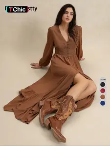 Women's Plain Plaid V Neck Long Sleeve Dress, Casual Fitted Woven Dress for All Seasons, Daily Wear Fashionable Women's Clothing