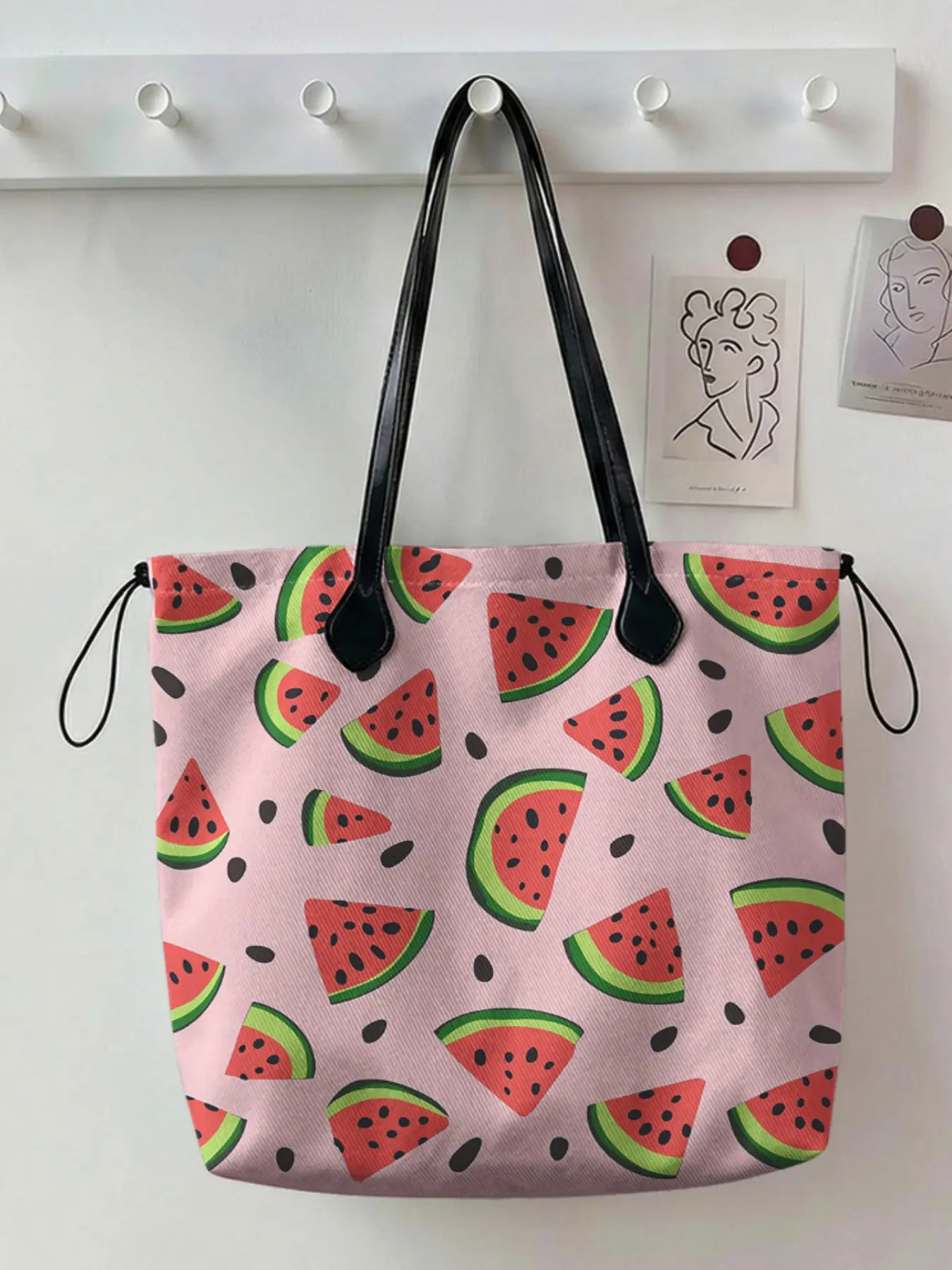 Watermelon Pattern 2D Printed Drawstring Aesthetic Tote Bag, Large Capacity Shopping Bag, Durable and Wear-Resistant, Ideal for Work, Shopping, Picnics