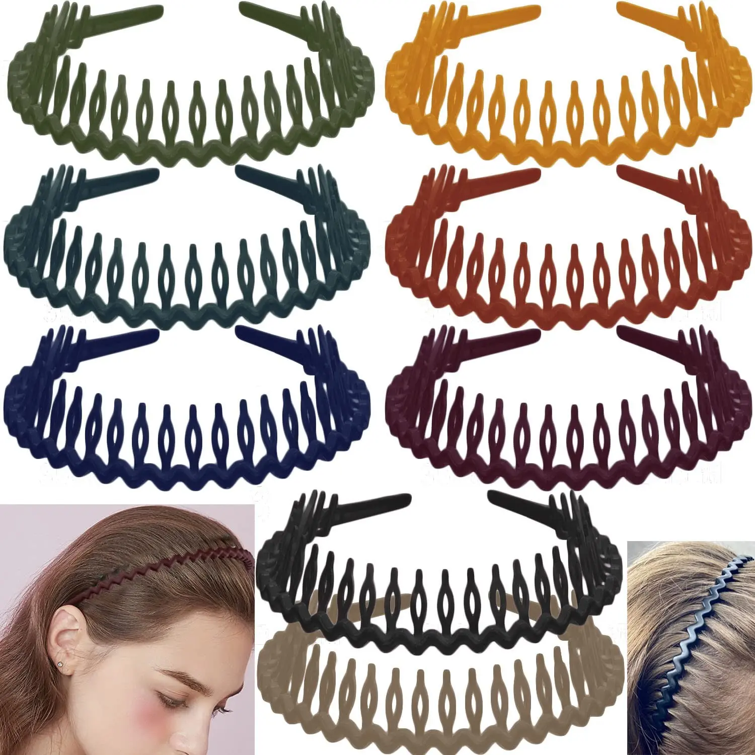 8 PCS Non Slip Fashion Effortless Plastic Headbands with Teeth Comb Skinny Hair Accessories Bands for Women Men Teen Girls, Long Teeth Morandi