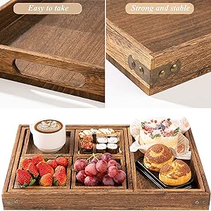 Rustic Wooden Serving Trays with Handle - Set of 7 Rectangular Platters for Entertaining, Breakfast, Coffee Table, Home Decor