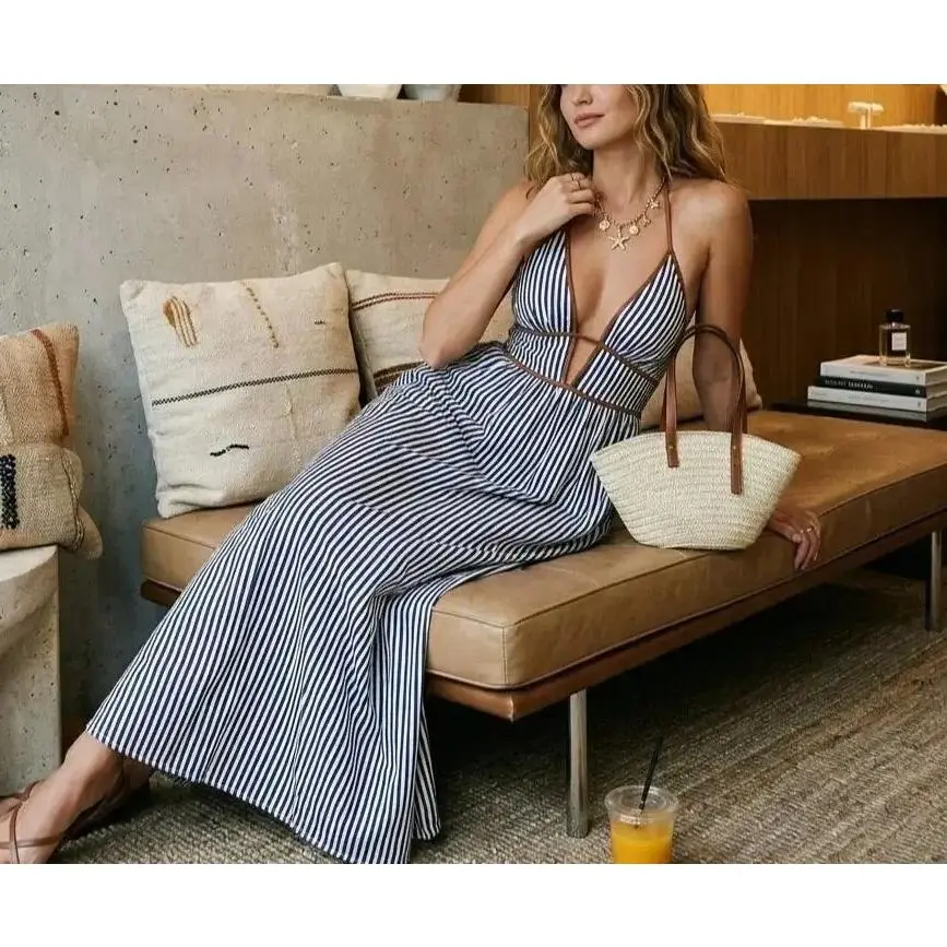 New Women's Dress, Vacation Striped Deep V Sexy Halter Neck Dress, Trendy Summer Fashion, Perfect for Beach & Parties