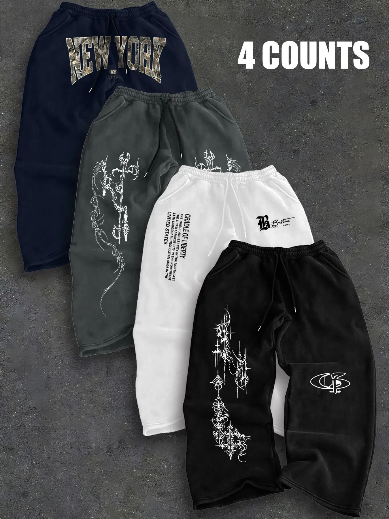 4 Pcs Men's Multi-Color Gothic Text Print Sweatpants, Loose Fit, Sporty Style, Baggy Sweatpants, All Seasons, American Streetwear, Versatile Pants, Casual Comfy Sweatpants, Casual Fashion Sweatpants