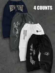 4 Pcs Men's Multi-Color Gothic Text Print Sweatpants, Loose Fit, Sporty Style, All Seasons, American Streetwear, Versatile Pants, Casual Fashion Sweatpants