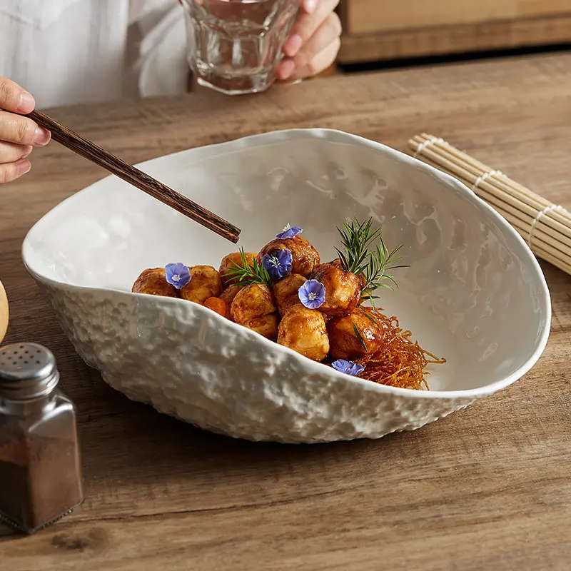 Rock-patterned shell high-end plate, home-use ceramic, 2026 new model, light luxury large steamed fish soup plate, hotel tableware