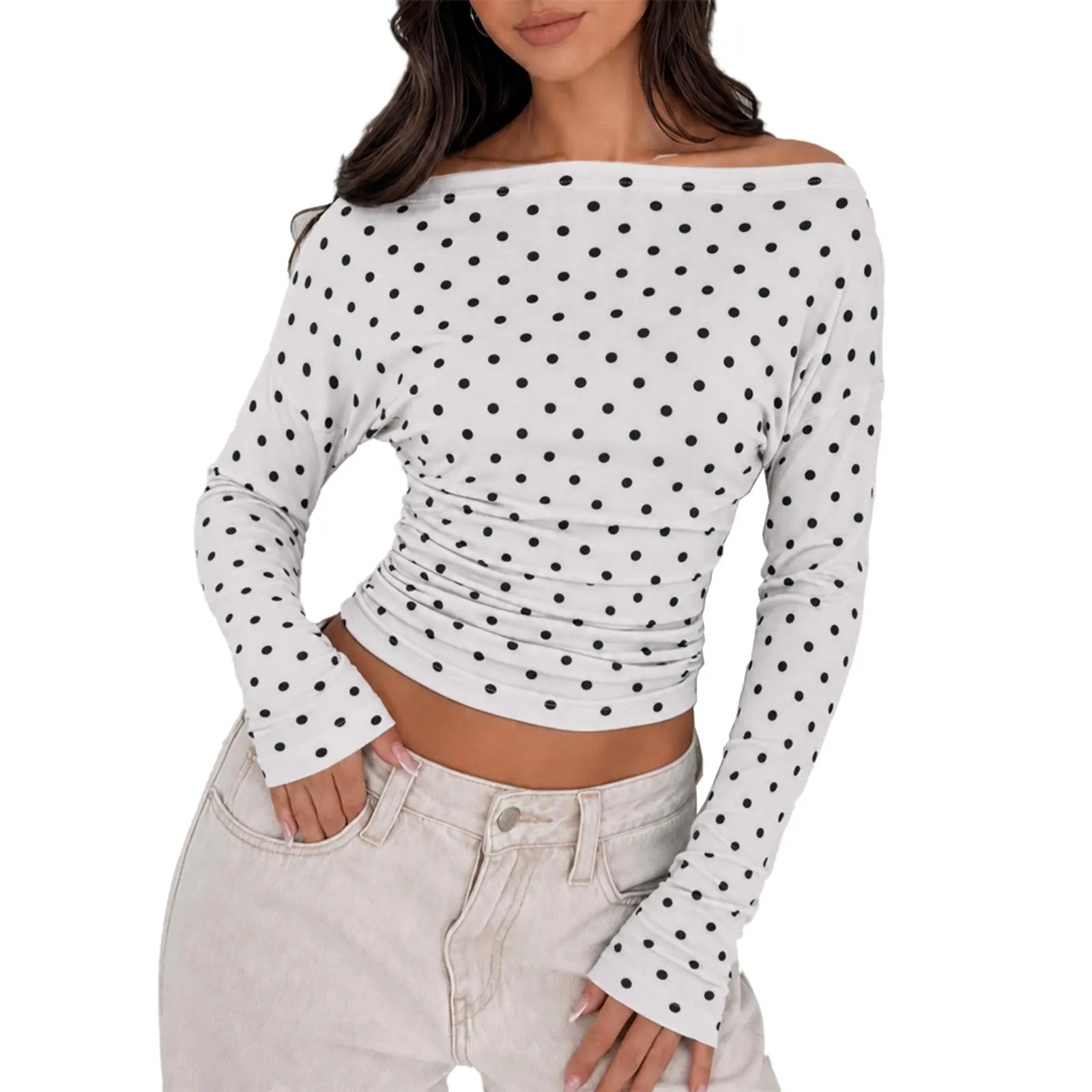 Yousify Womens Off The Shoulder Crop Tops Casual Long Sleeve Cinched Waist Fitted Shirts Y2K Going Out Ruched Tight Tees