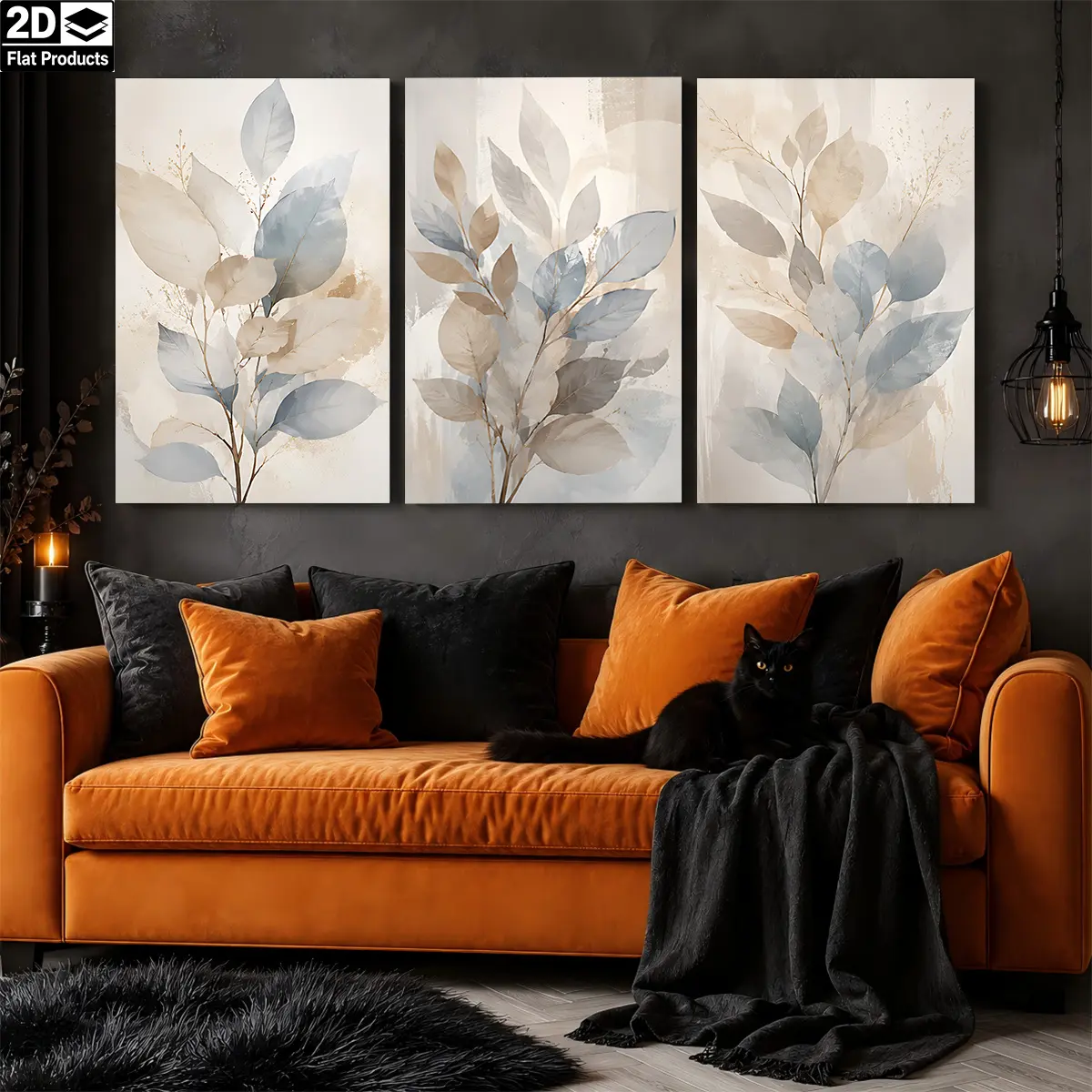 2D Flat 3-Piece Set - Three paintings in blue and beige tones with leaf patterns.Themed canvas wall art, waterproof canvas prints, ready to hang, home room decoration gift, suitable for Father's Day, graduation, birthdays, 4th of JulyAesthetic Room Decor