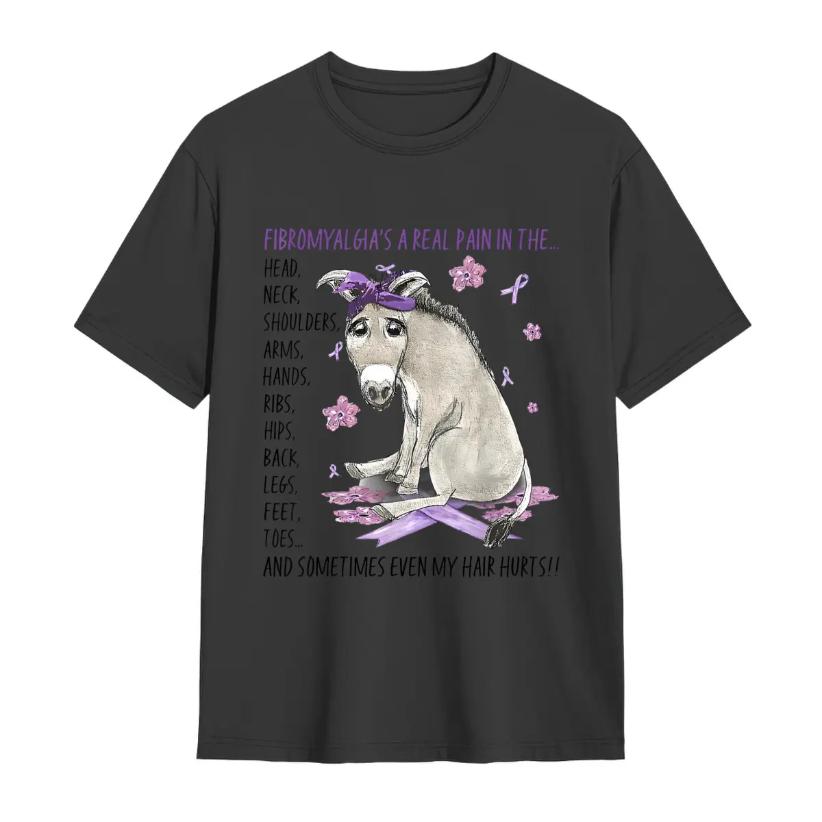 Fibromyalgia Awareness T-Shirt - "A Real Pain in The Head, Neck, Shoulder, Arm" Donkey Graphic with Purple Floral Accents - Soft Cotton Unisex Tee, Modern Fit Short Sleeve Round Neck, Machine Washable for Adults, Health Issue Apparel, Humorous Illustratio