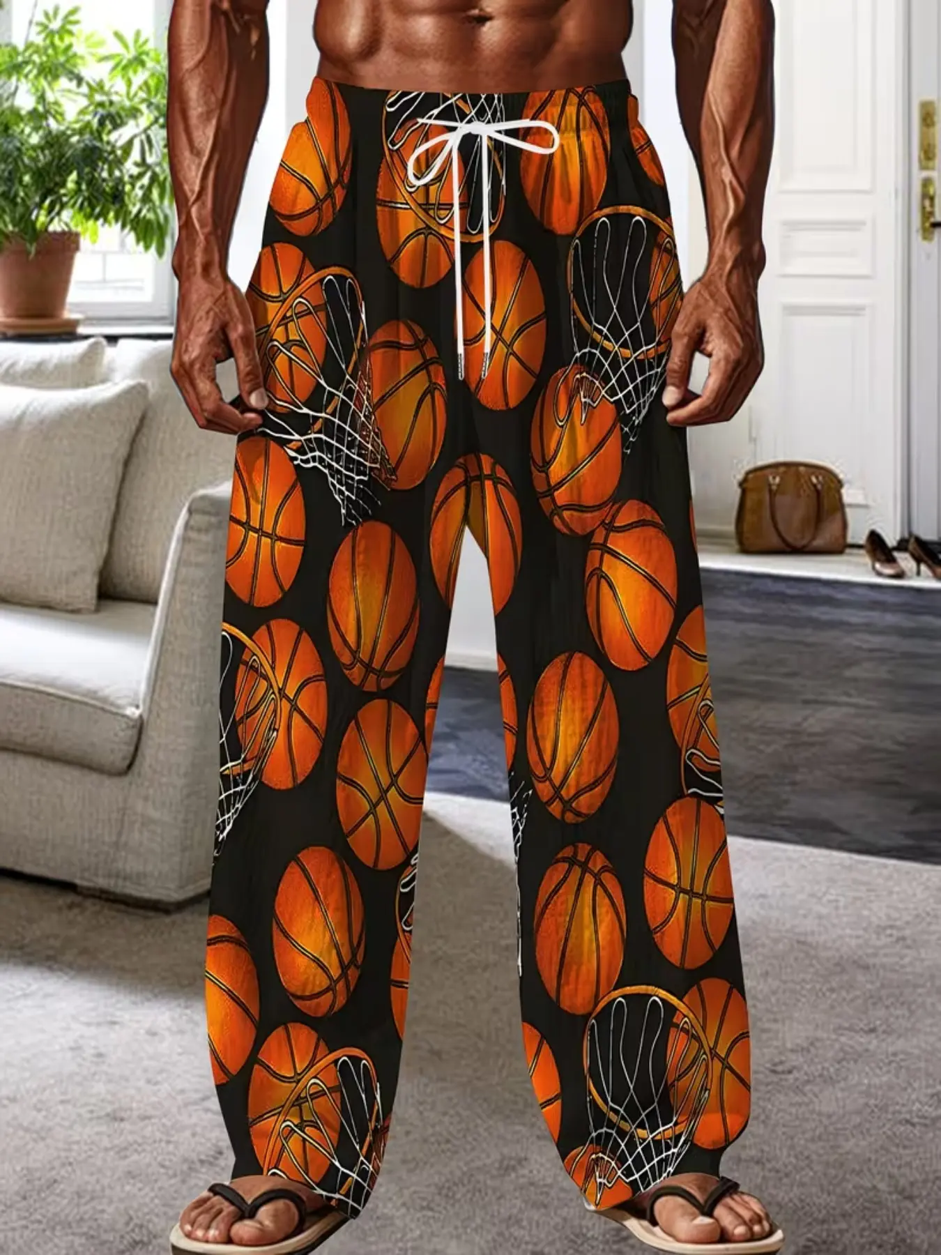Men's Basketball Full Print Wide Leg Casual Pants, Sporty Basketball Pattern, Drawstring Waist, Loose Fit, All Seasons