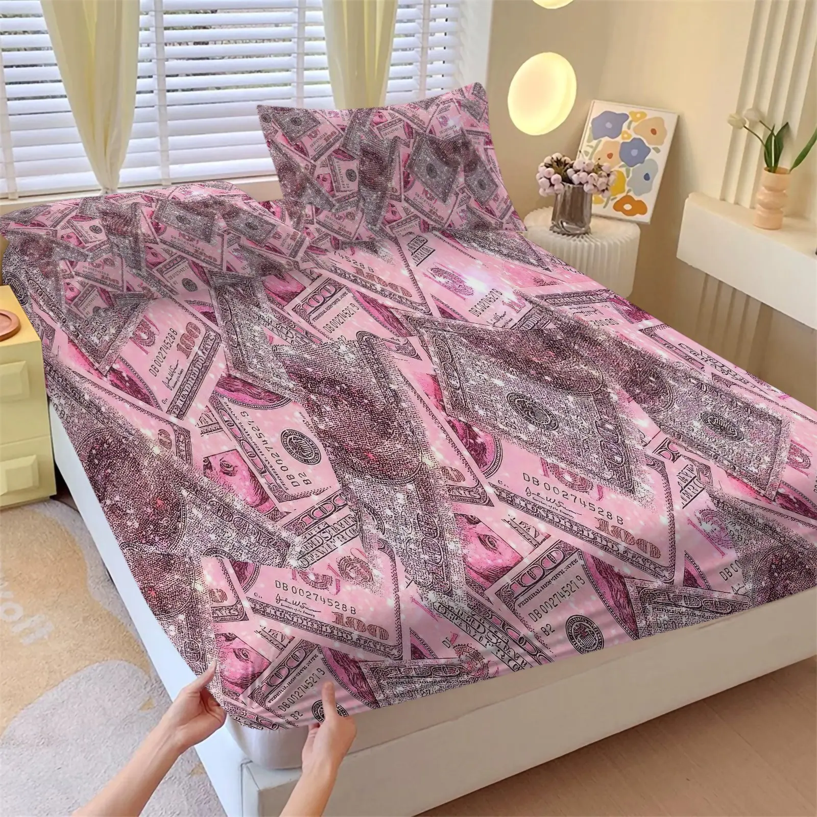 Pink Glitter Dollar Fitted Sheet Set, Glam Money Currency Print Bed Sheets Set, 1 Fitted Sheet & 2 Pillowcase No Filling, Soft Deep Pocket Bedding Set, Comfy for Teens Girls Bedroom Dorm Guest Room Decor