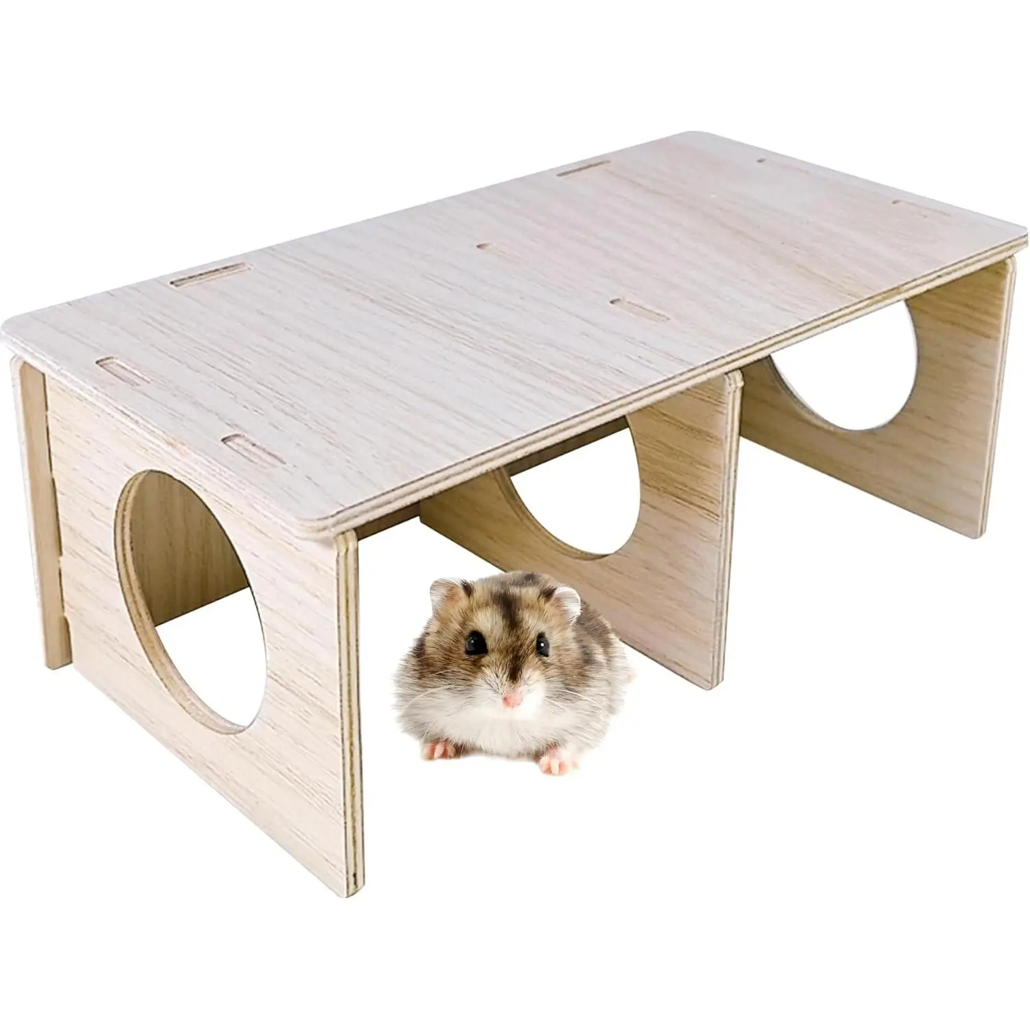 Wooden 2-Chamber Hideout Tunnel, Hamster Cage Accessories - Small Animal Habitat Addition for Play & Exploration, Winter-Ready, Suitable for Gerbils, Two Chambers