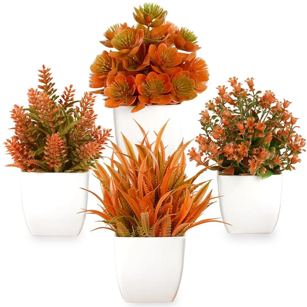 4 Pack Fake Eucalyptus Plants, Autumn Mini Artificial Potted Plant, Fall Home Decor, Plastic Small Tabletop Plants for Indoor Office Desk Room Bathroom Decor ()