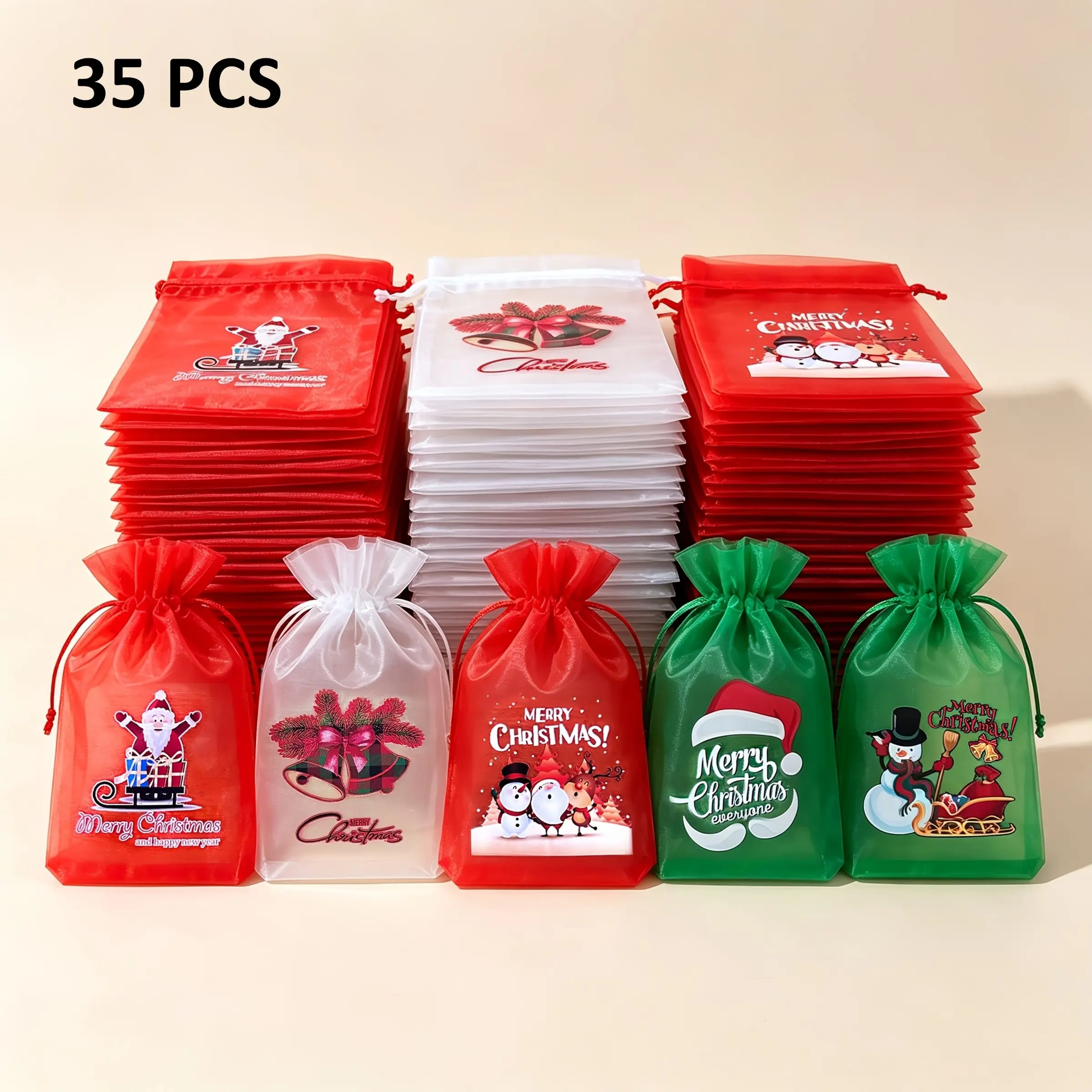 35-Pack Christmas Organza Drawstring Gift Bags, Holiday Gift Bags Bulk - 5 Xmas Styles Reusable Candy Treat Pouches with Santa, Snowman, Elk Patterns, Holiday Goodie Bags for Party Favors, Gift Wrapping, Jewelry Storage, Durable, Eco-Friendly & Festive