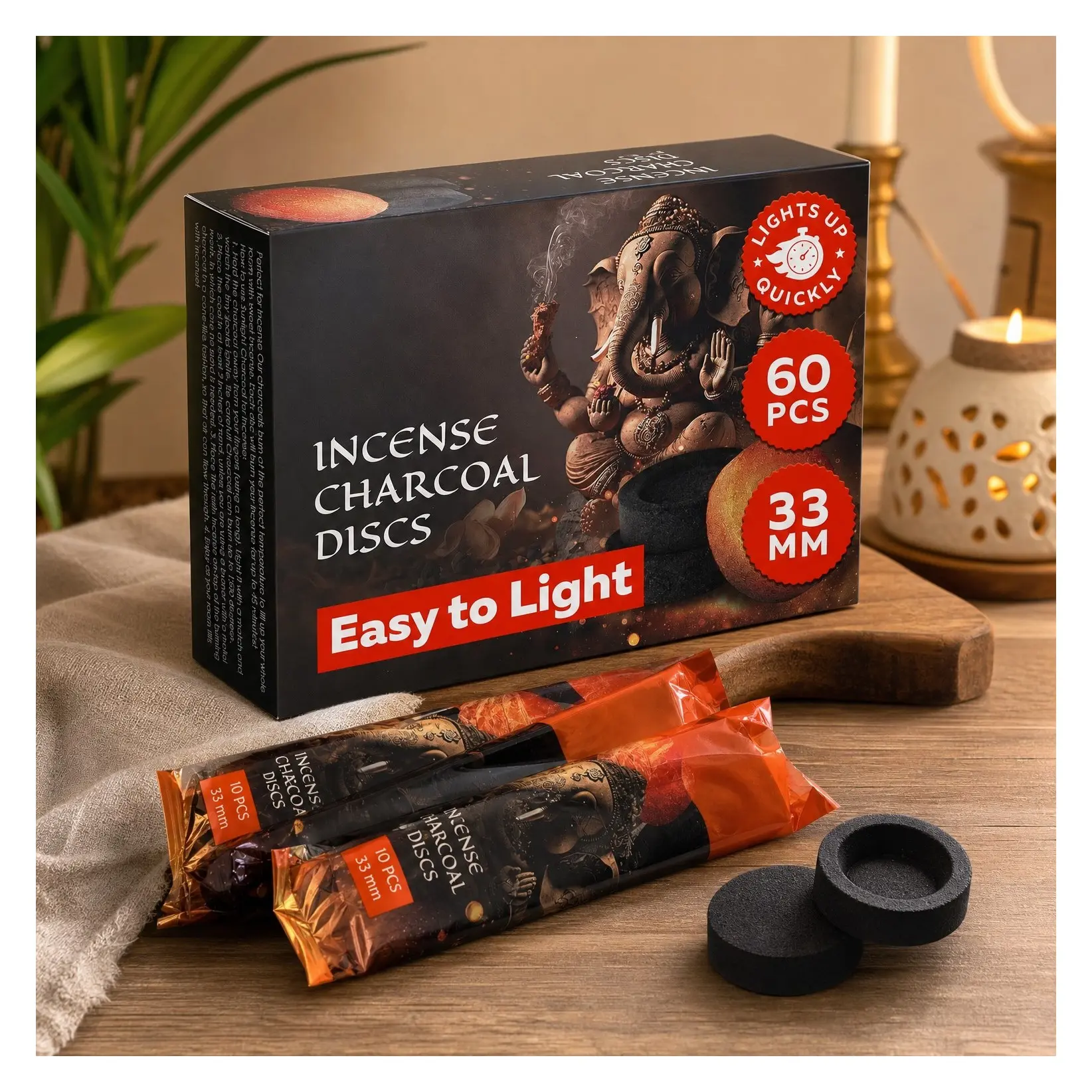 60 Pack 33mm Charcoal Discs for Incense Burning – Quick Light Instant Fire Coal Tablets for Resin Burner RollsGift