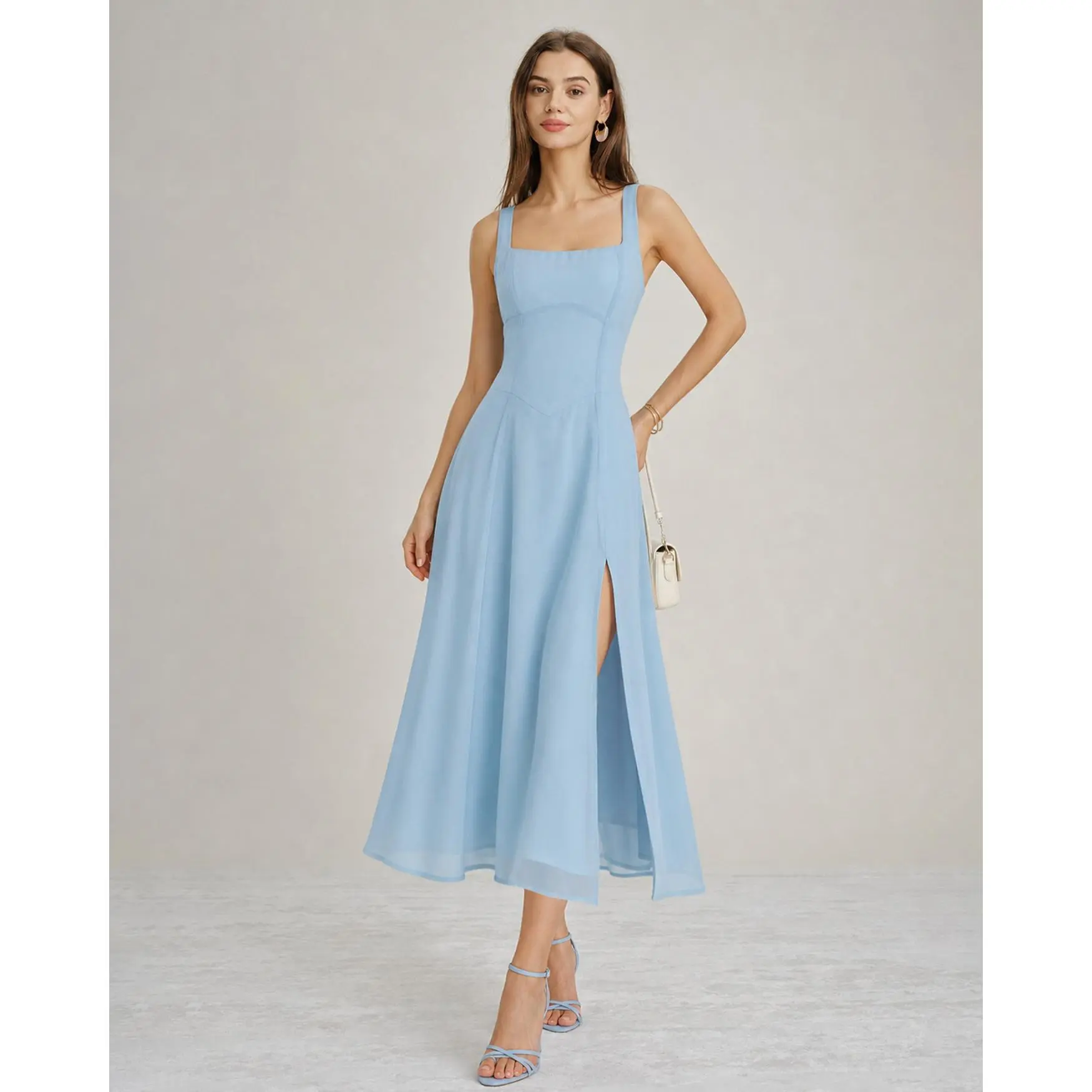 Blue Square Neck Slit Chiffon Midi Dress