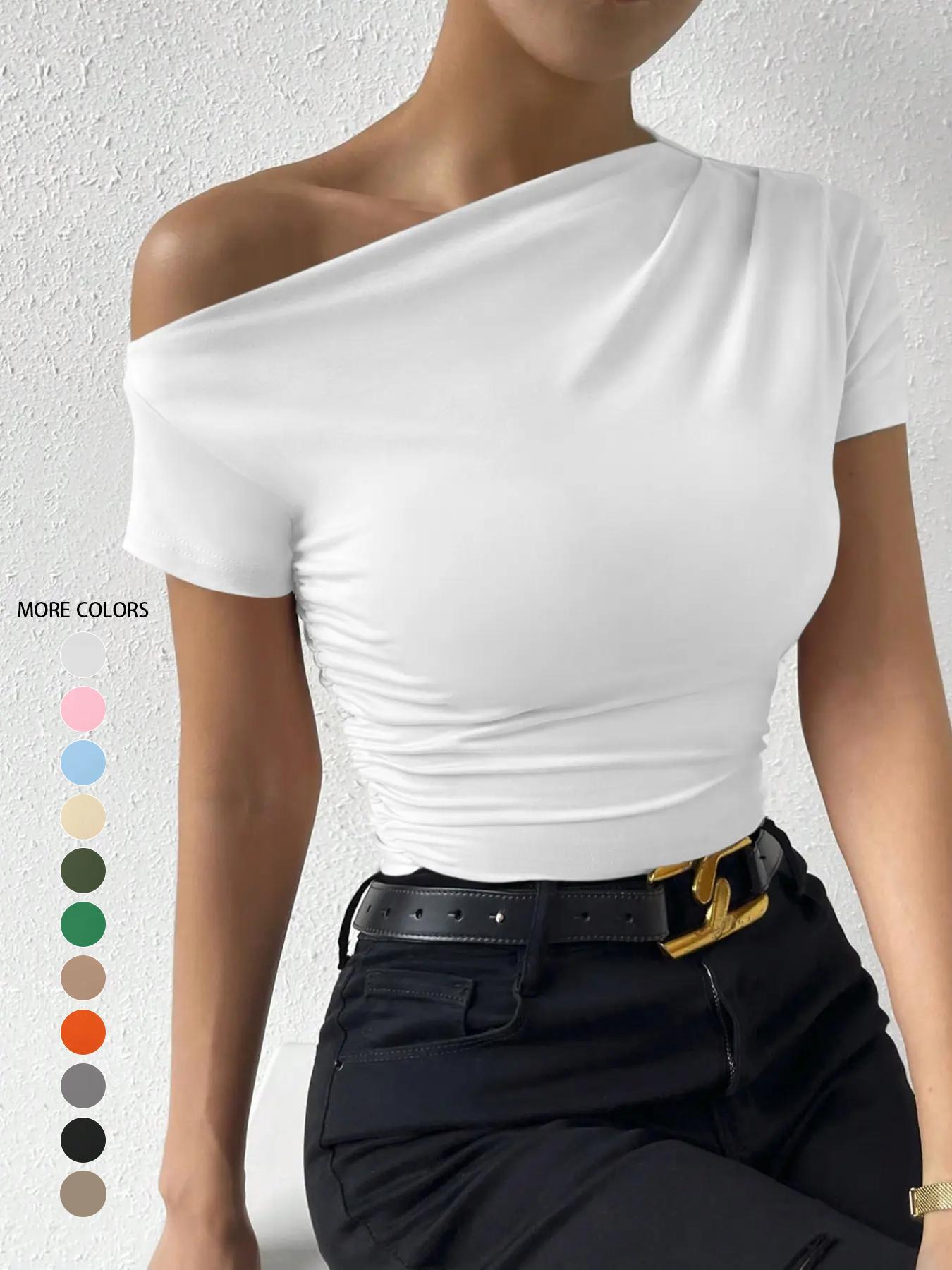 Women's Plain Ruched Asymmetrical Neck Tee, Casual Basic Short Sleeve T-shirt for Summer, Ladies Clothes for Daily Wear, Womenswear Tops
