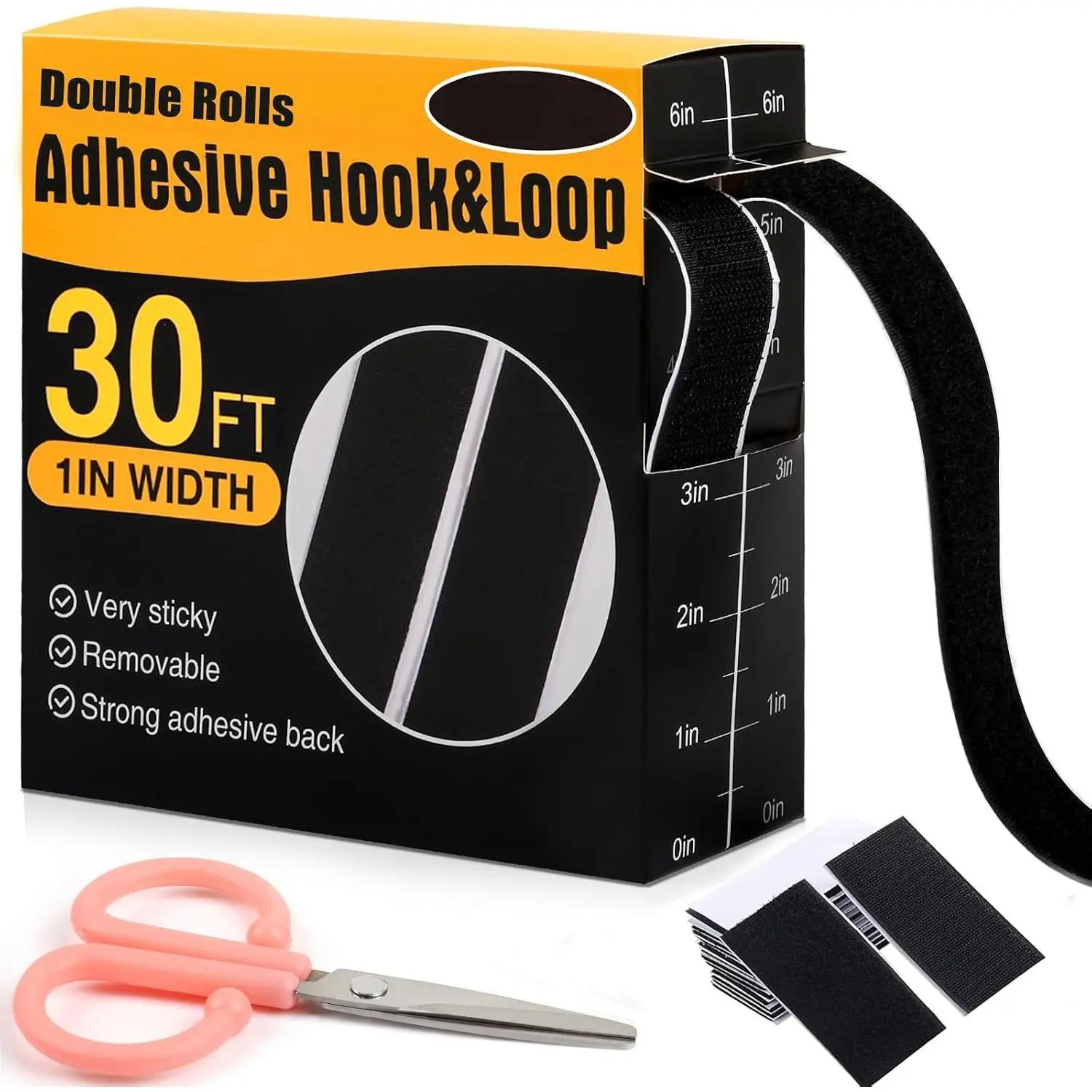 30Ft x 1 Inch Hook and Loop Strips with Adhesive, Heavy Duty Self Adhesive Hook and Loop Tape with Measuring Scale Backing for , Office, School & DIY Projects, Black