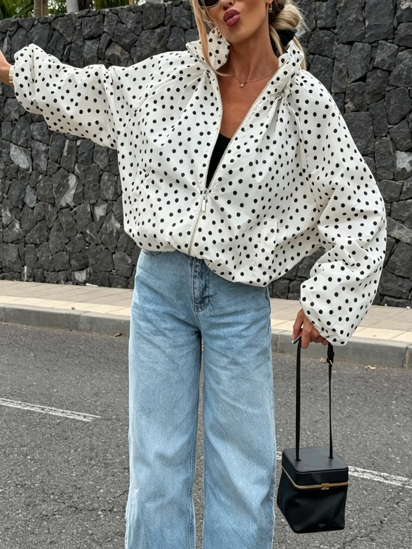 Polka Dot Loose Zipper Jacket, Drawstring High Neck Short Windbreaker, Vintage Polka Dot Casual Outerwear, Millennial Lantern Sleeve Coat, Versatile Street Style Shirt Jacket