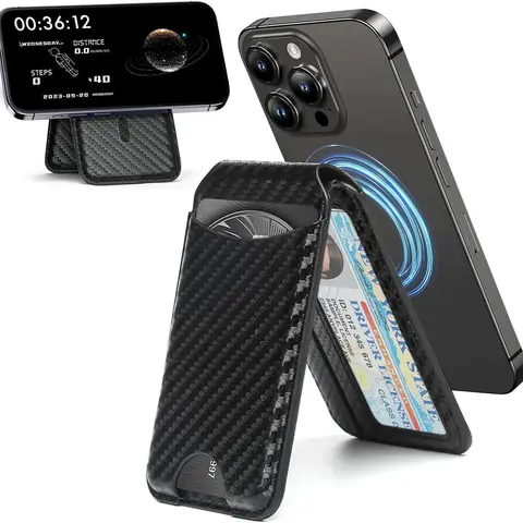 Magnetic Vegan Leather Mag-Safe Mobile Phone Wallet with Adjustable Stand, Card Holder, Card Slots, Transparent Window, Carbon Fiber Phone Accessories for iOS iPhone 16 Series Smartphones