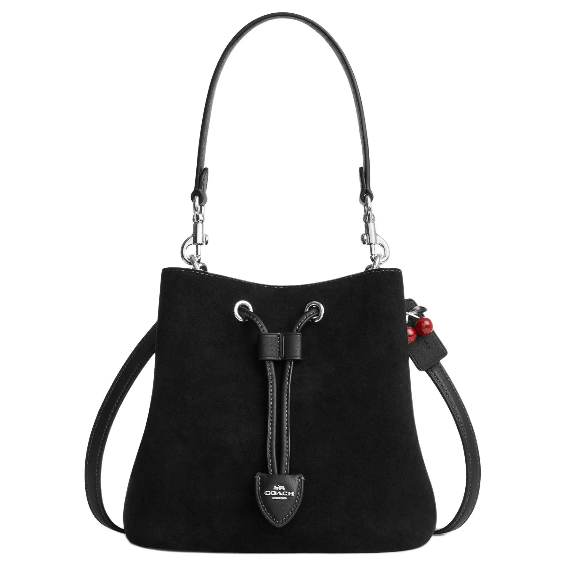 Coach Rowan 22 Cherry Charm Bucket Bag for Women – Suede Crossbody and Shoulder Handbag in Black