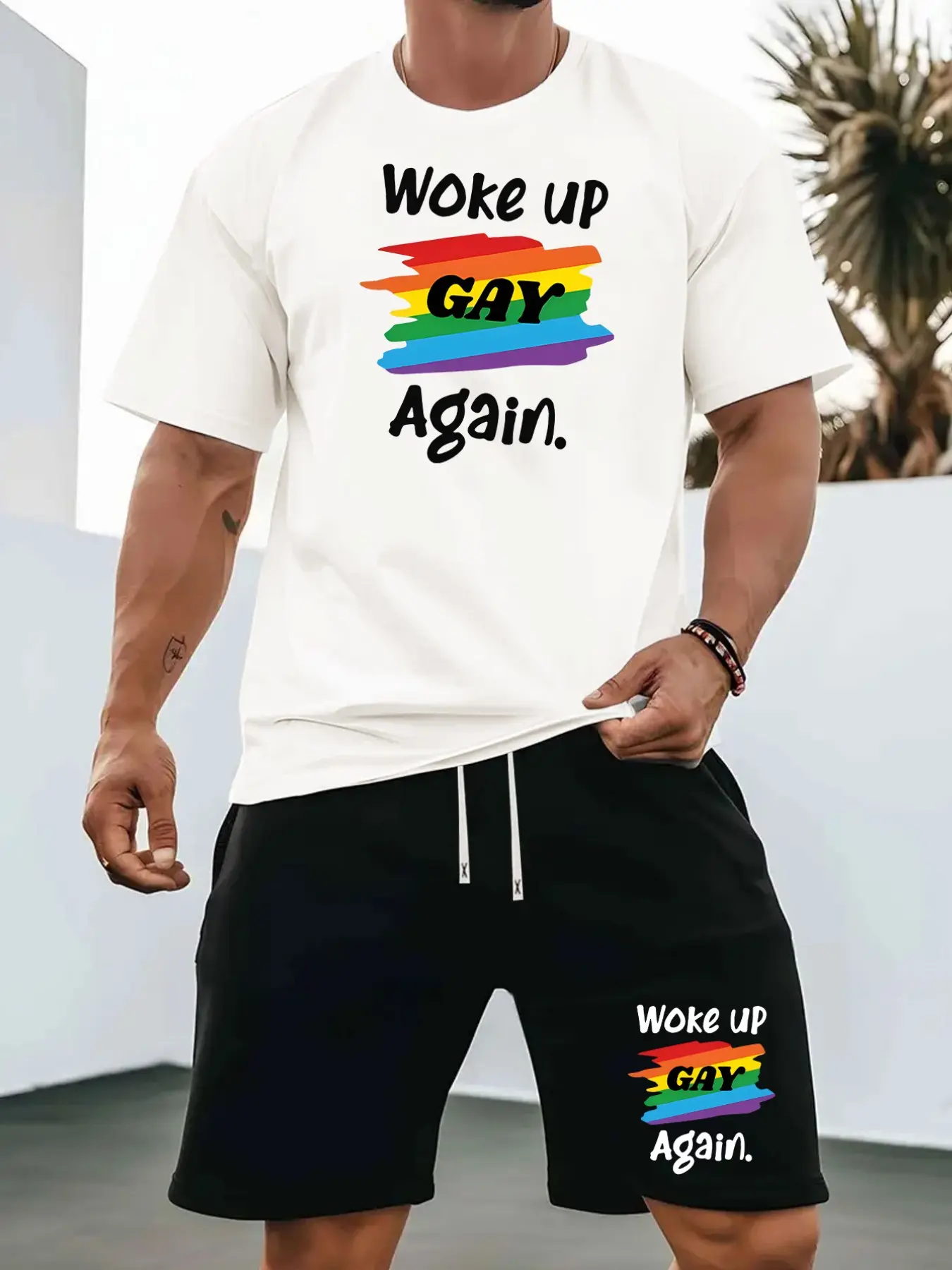 Classic everyday casual stretch lightweight lgbtq pride slogan graphic short top and black knee length shorts matching set for young guys pride festival beach picnic backyard pool party trending mens everyday summer pride streetwear fashion inspo
