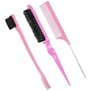 3 Pcs Slick Back Hair Brush Set Bristle Brush Edge Control Teasing Comb for Women Black Hair(Light Pink)