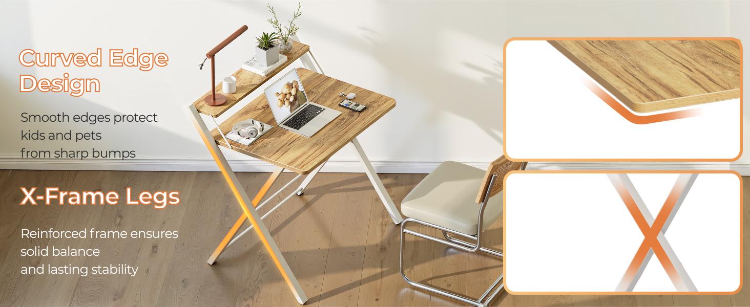 Portable Small Desk No Assembly, 2-Tier Compact Computer Desk with Shelf, Space Saving Foldable Table for Home Office, Bedroom or Apartment, Portable Collapsible Sturdy Laptop Desk, Oak