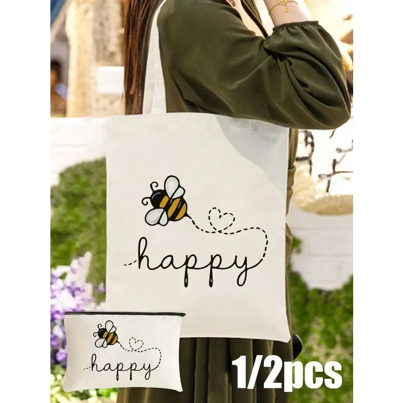 Women's Bee Print Handbag, Large Capacity Reusable Shoulder Bag, Durable Polyester, Open Design, Perfect for Shopping, Gifts, Travel