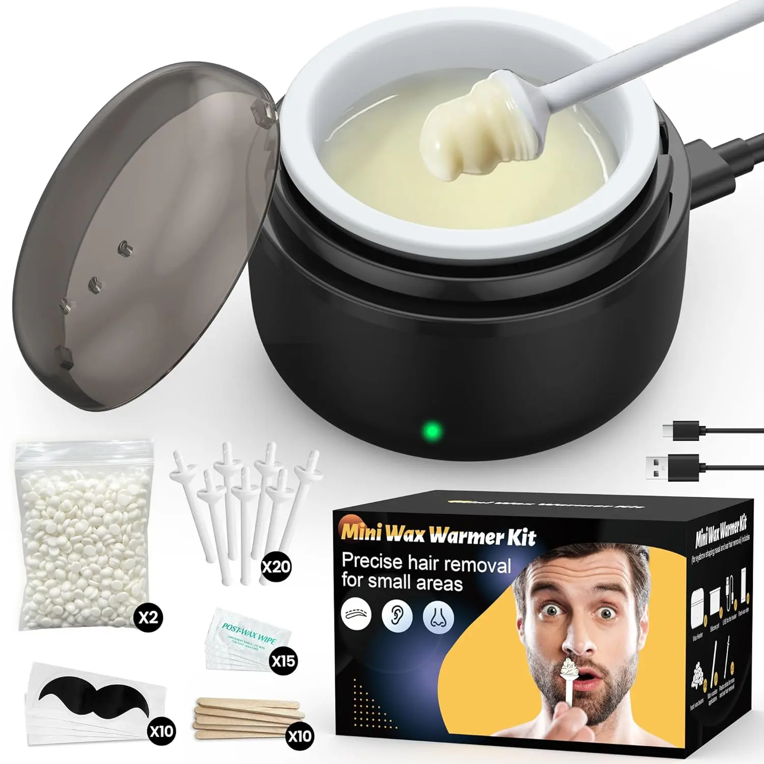 Unisex Travel Size Nose Wax Kit - USB Fast Heat, Smart Temp Control, Painless Removal, 100g Solid Wax Beads, 30 Applicator Sticks for Nose, Ear, Eyebrow, Lip & Facial Hair