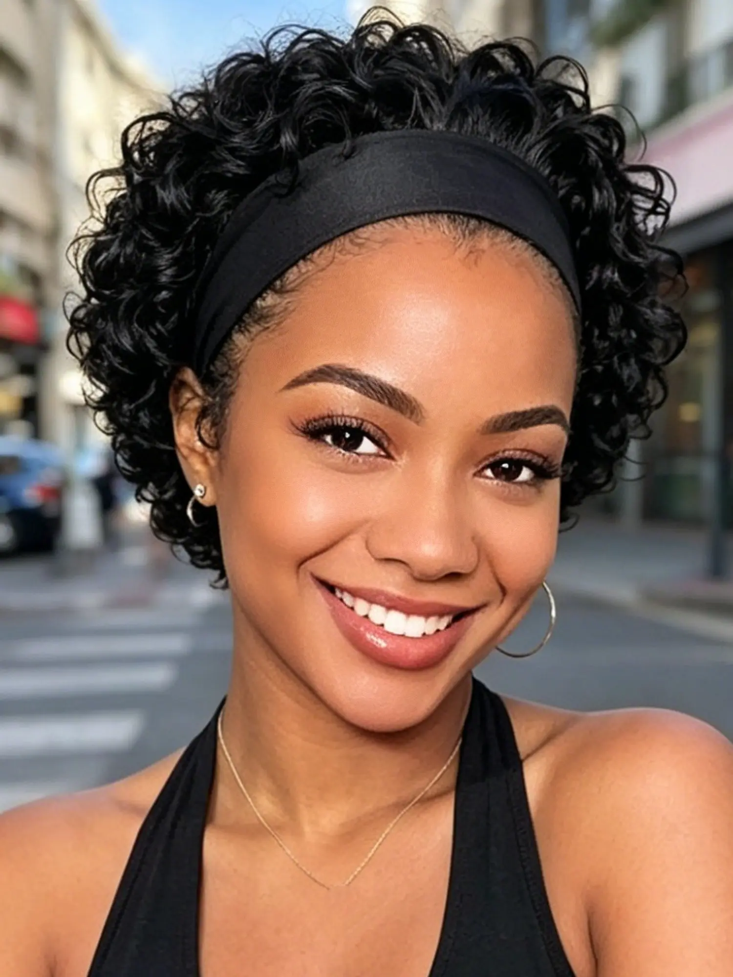 Short Curly Pixie Cut Headband Human Hair Wig 6 Inch Natural Black Fluffy Curly Wig Easy Wear Glueless Wig for Women