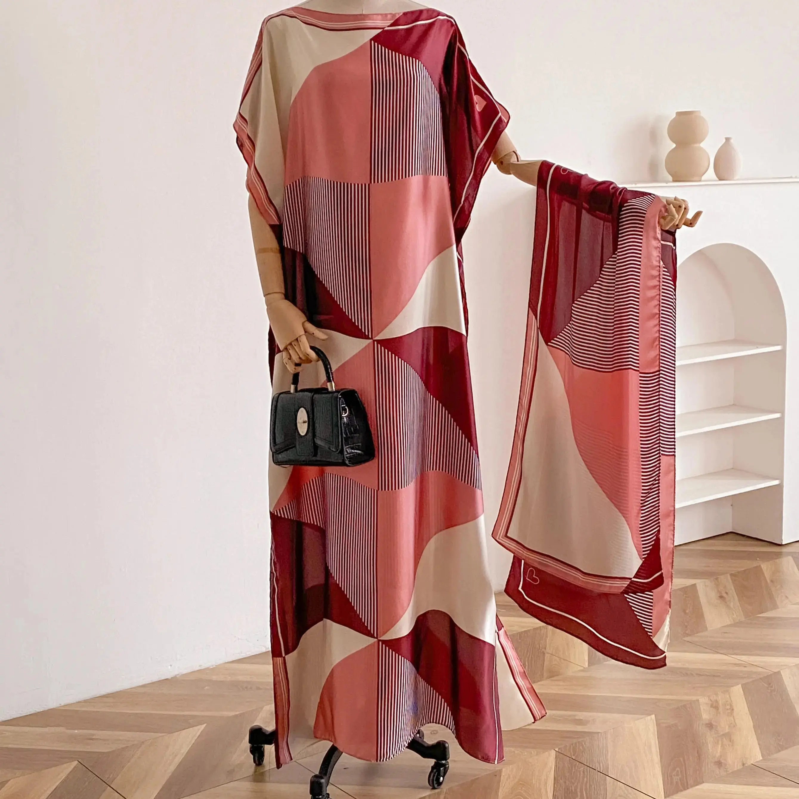 Colorblock Print Long Scarf & Poncho Set for Women, Soft Casual Comfortable Swimsuit Coverup, Versatile Beachwear Shawl, Fashion Accessory for Women & Girls, Ideal Beach Vacation Outfit