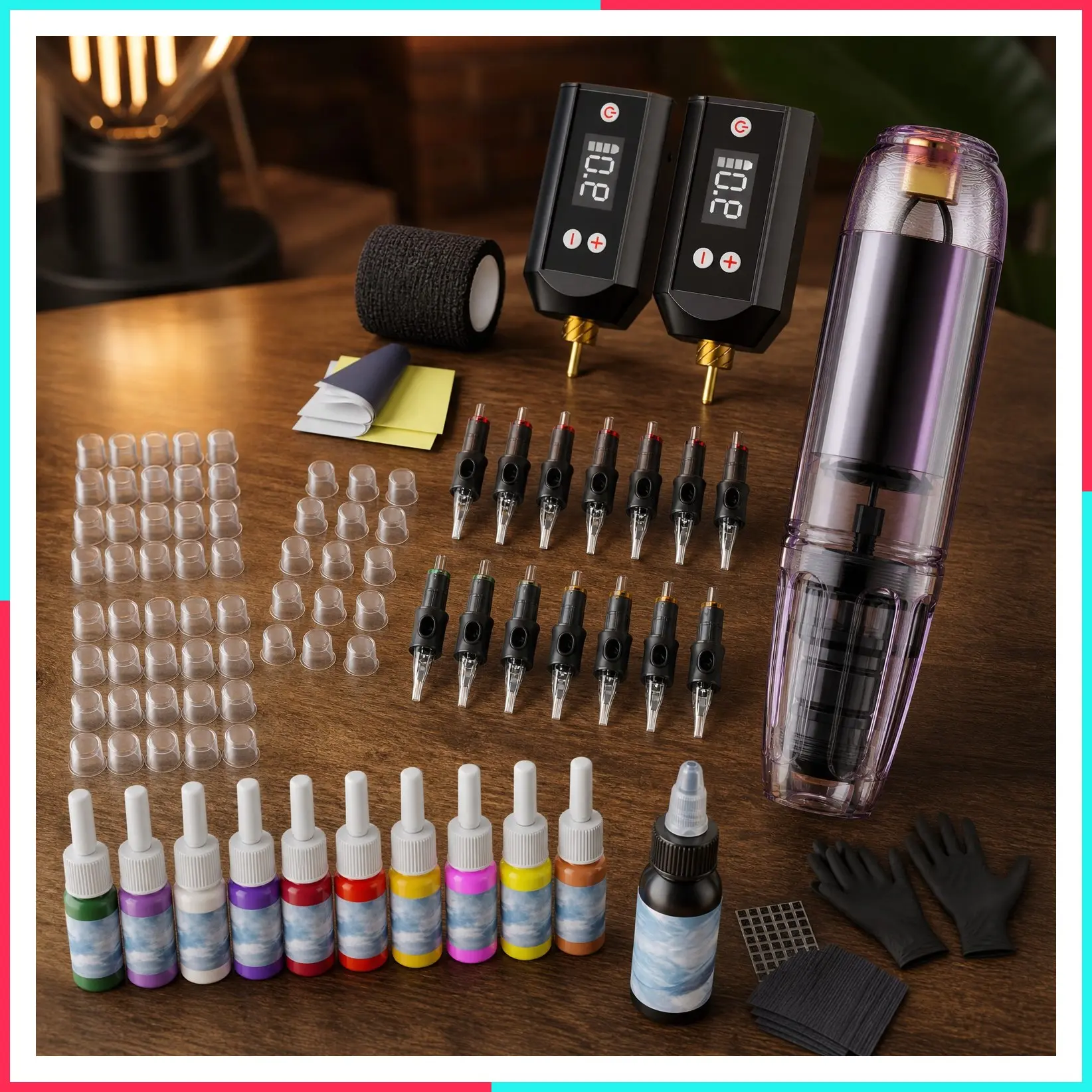 Wireless Tattoo Pen Kit Complete with 2PCS 1200mAh Battery, 11 Tattoo Inks, 20pcs Tattoo Needles, for Beginners, Artists, Home & Studio Practice