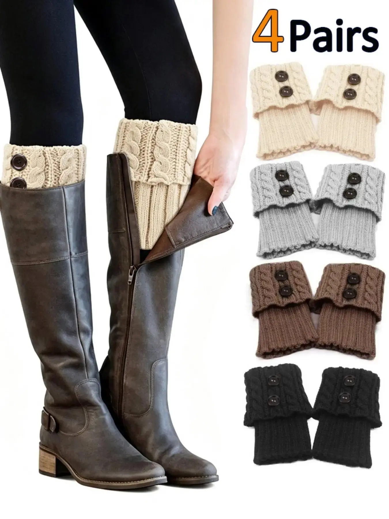 4 Pairs Women's Retro Vintage Knit Warm Socks, Vintage Style Socks, Folded Double Button Boot Top, Elastic Warm Knee Knit Boot Socks, Winter Thigh High Boots