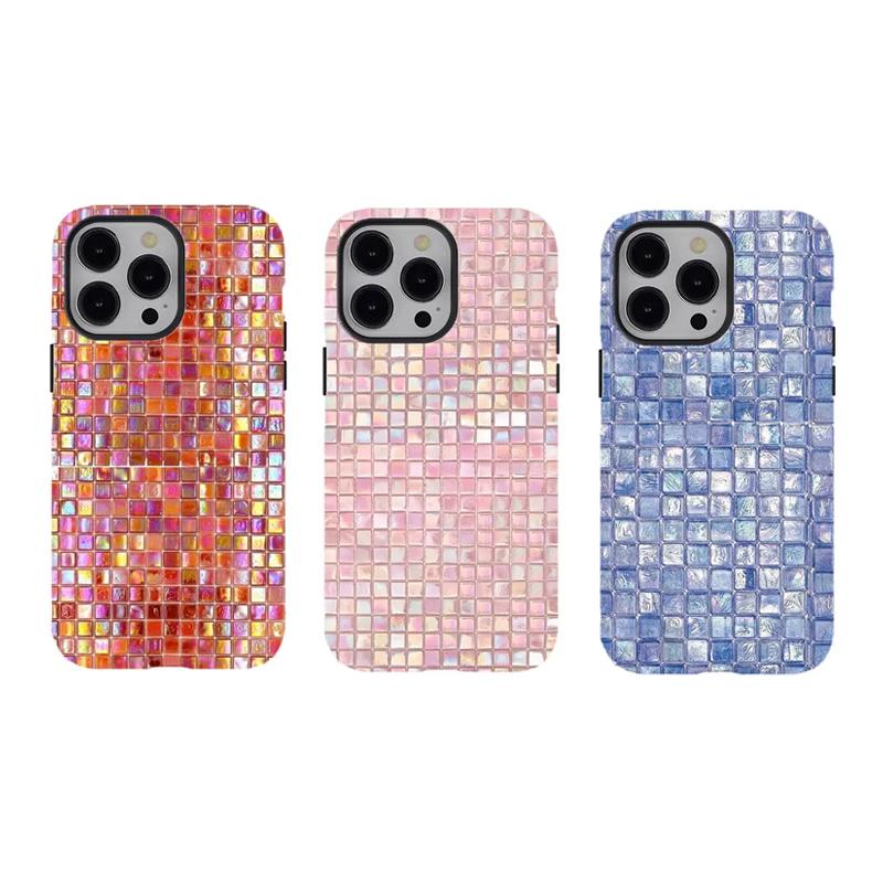 Holographic Mosaic Tile Phone Case | Shimmering Disco Aesthetic, Tough protective phone case,Compatible for iPhone 16 15 14 13 12 11 17Pro Max,for Samsung S25 S24 S23 S22 Ultra,Durable Dual-Layer design phone cover,Perfect Gift for Her