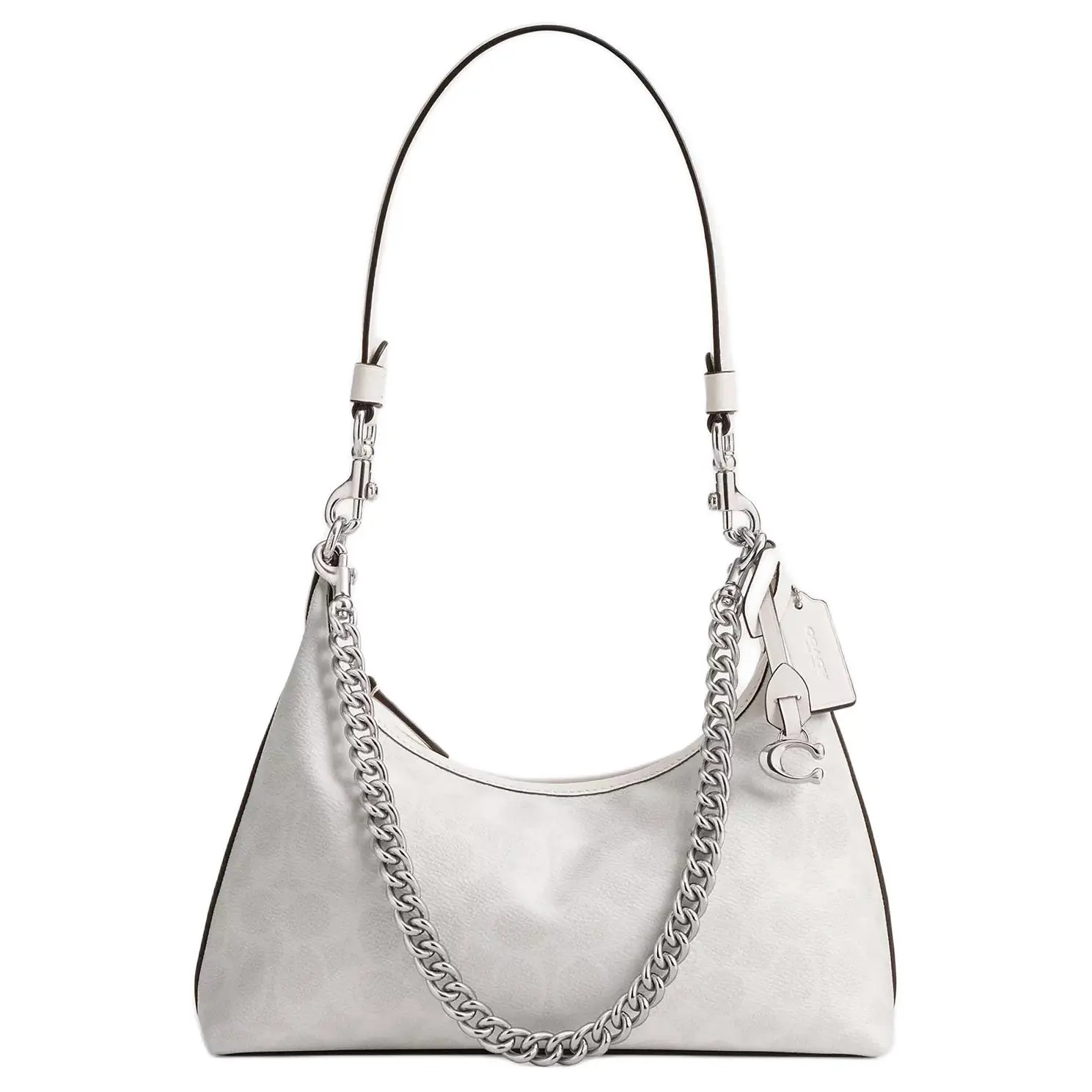 COACH Juliet 25 Crossbody Bag for Women – Classic Logo Coated Canvas with Detachable Chain Strap – Silver and Chalk White